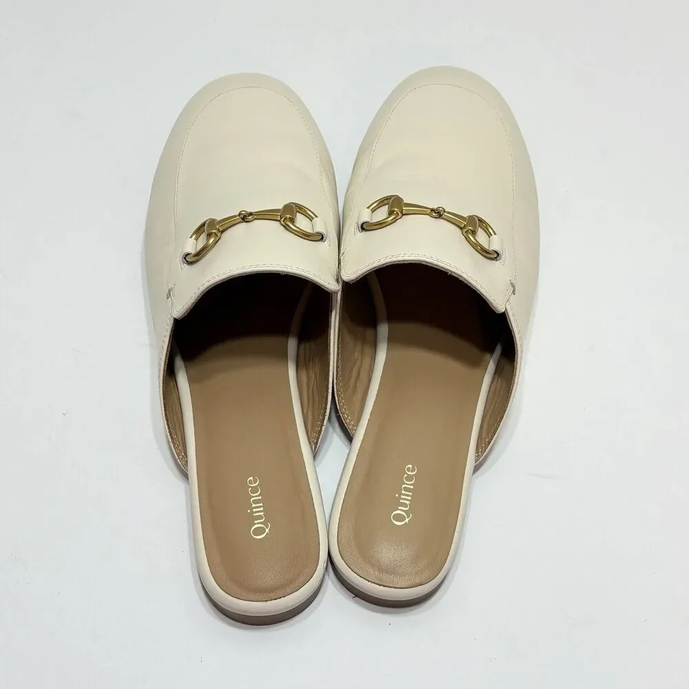 Quince Women Italian Leather Horsebit Loafer Mule Bone Shoes 8.5